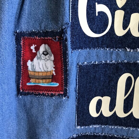 Upcycled Denim Patchwork Shirt, Size L: Give Me All the Puppies Dog Lover Jacket - Picture 5 of 9